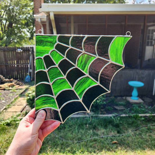 Green cobweb corner in ambient light.